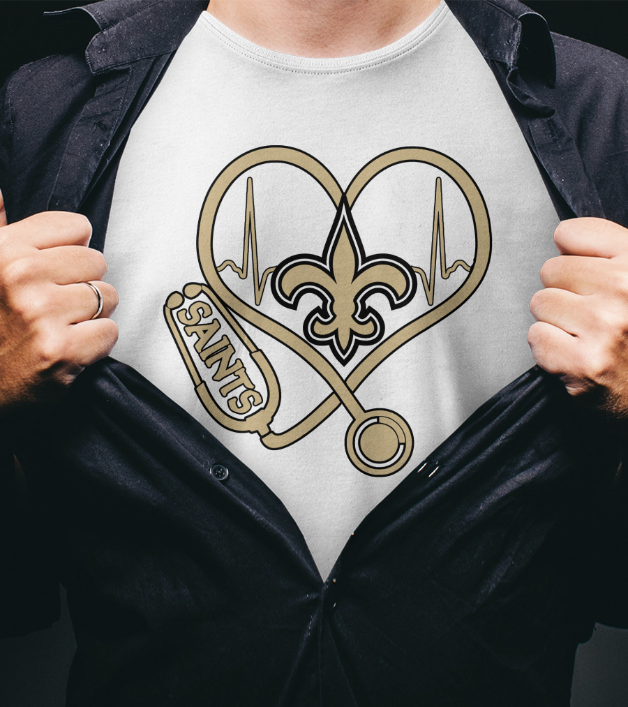 Nurse Love Saints Heartbeat Fleur-de-Lis Football T-Shirt