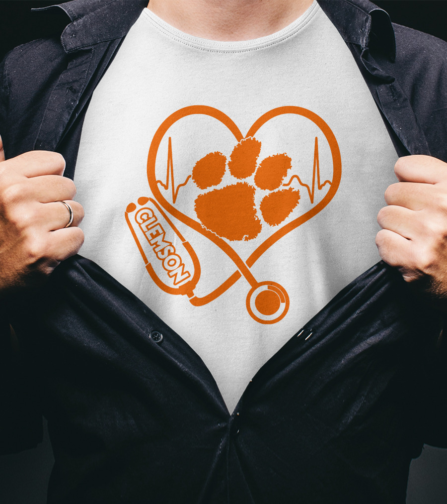 Clemson Tigers Nurse Heartbeat Paw Stethoscope T-Shirt
