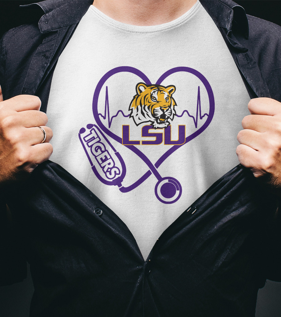 Nurse Love LSU Tigers Heartbeat Stethoscope Tiger T-Shirt