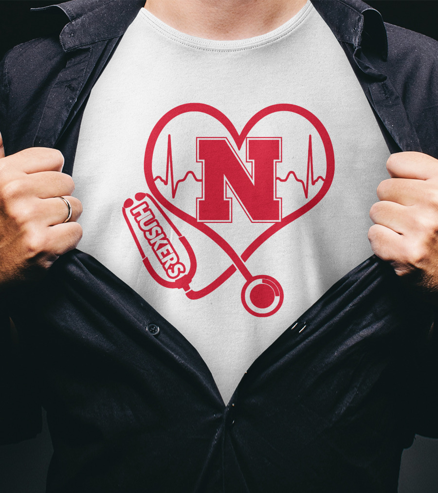 Nurse Love Nebraska Huskers Heartbeat Stethoscope T-Shirt