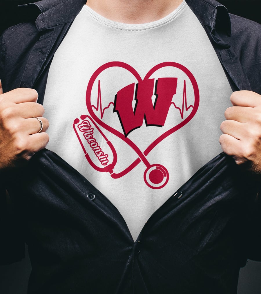 Nurse Love Wisconsin Badgers Heartbeat Stethoscope T-Shirt
