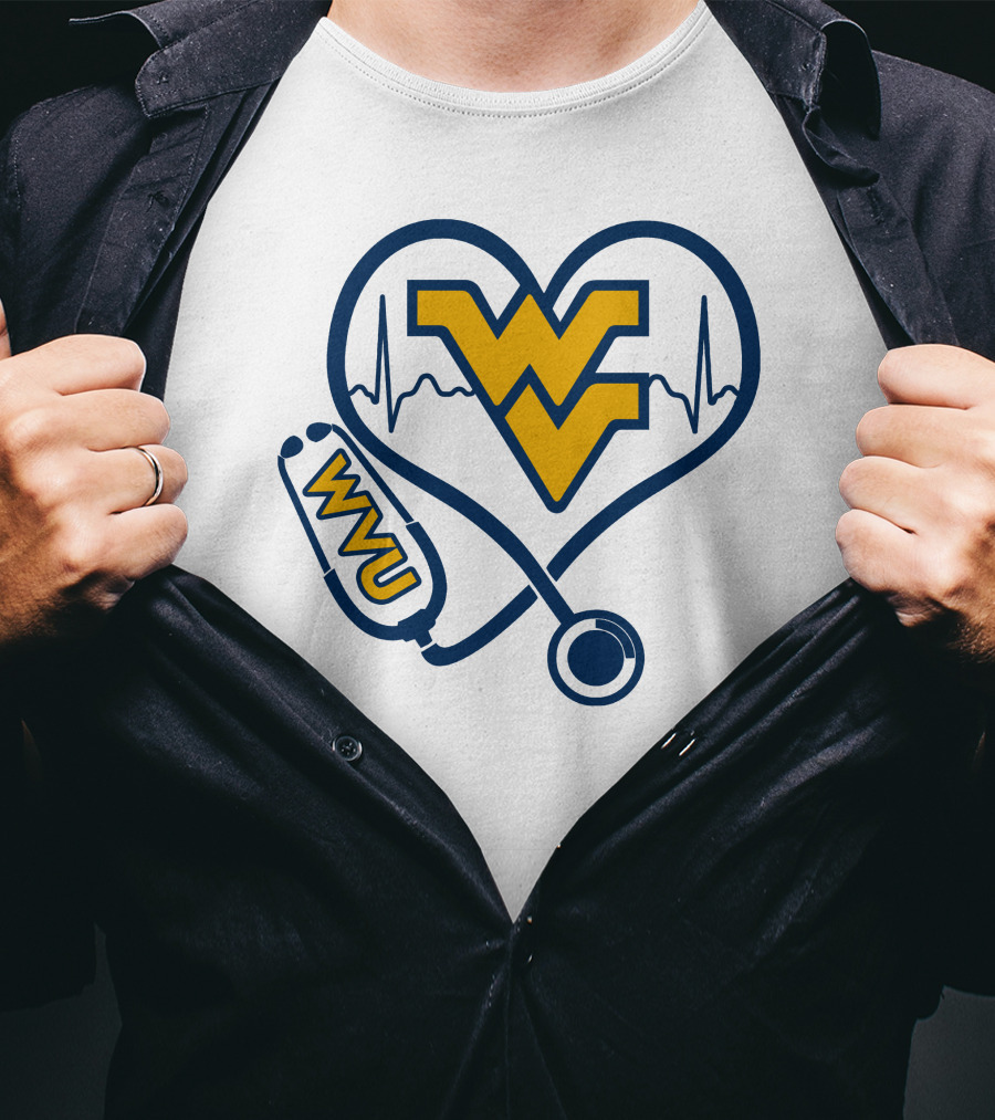 West Virginia Mountaineers Nurse Love WVU Stethoscope Heartbeat T-Shirt