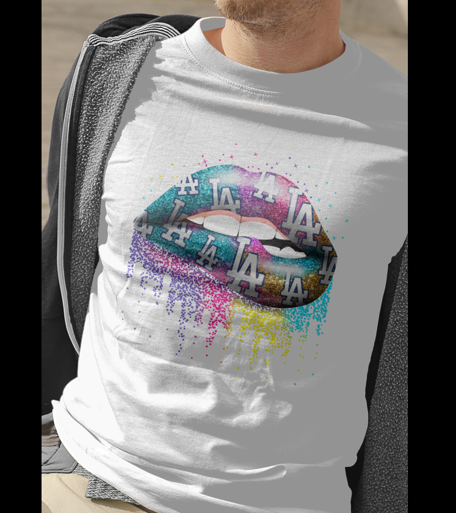 Lips With Los Angeles Dodgers Glitter Logo T-Shirt