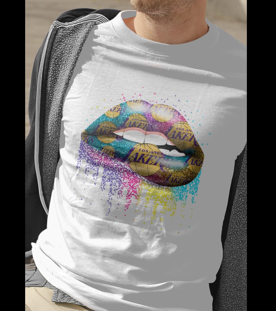 Lips Los Angeles Lakers Basketball Logo Glitter T-Shirt