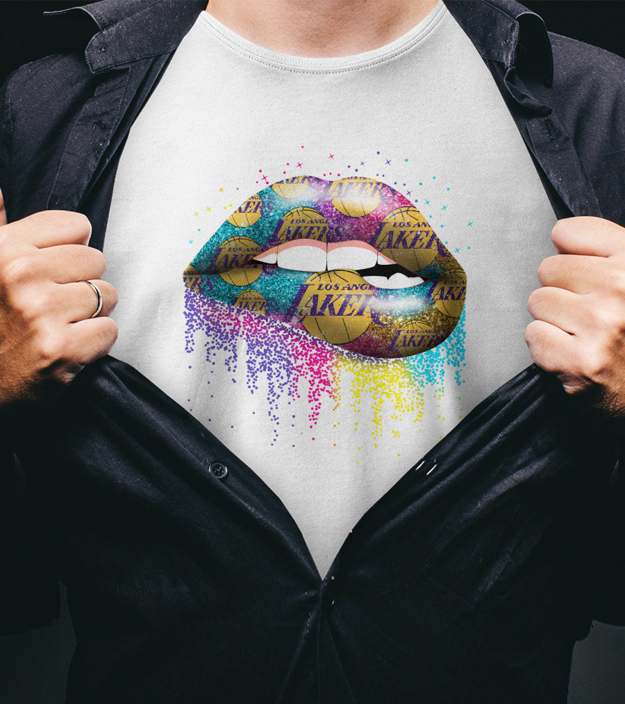 Lips Los Angeles Lakers Basketball Logo Glitter T-Shirt