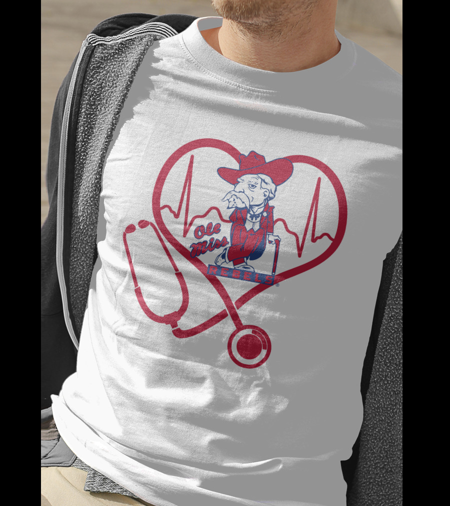 Nurse Love Ole Miss Rebels Heartbeat Stethoscope Mascot T-Shirt