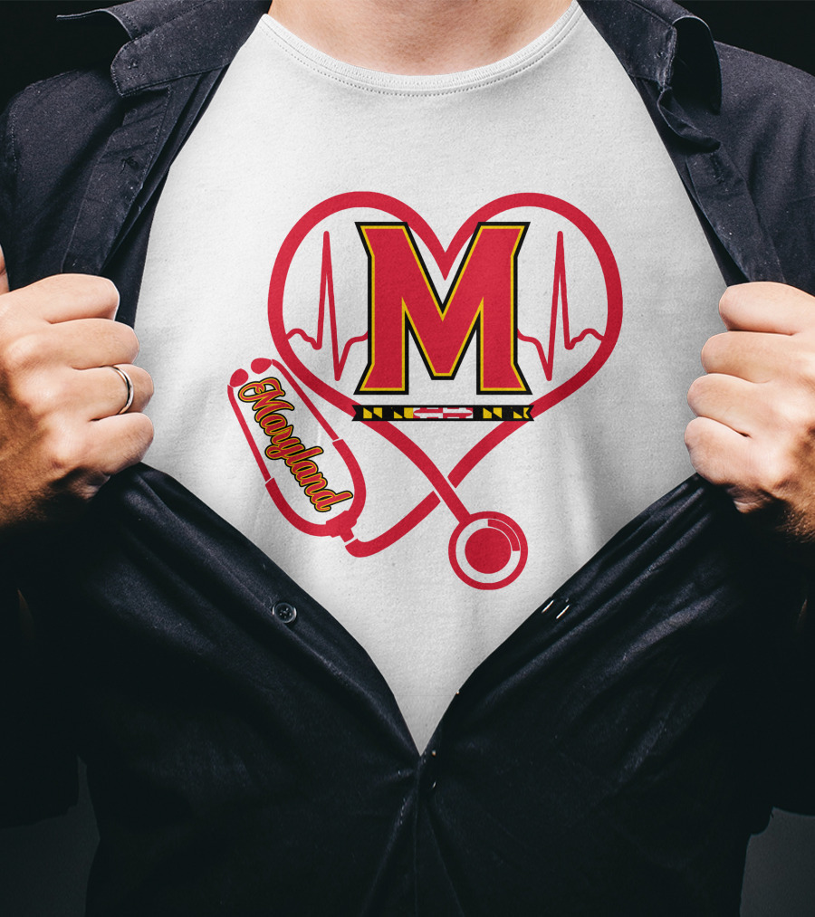 Nurse Love Maryland Terps Heartbeat Stethoscope T-Shirt