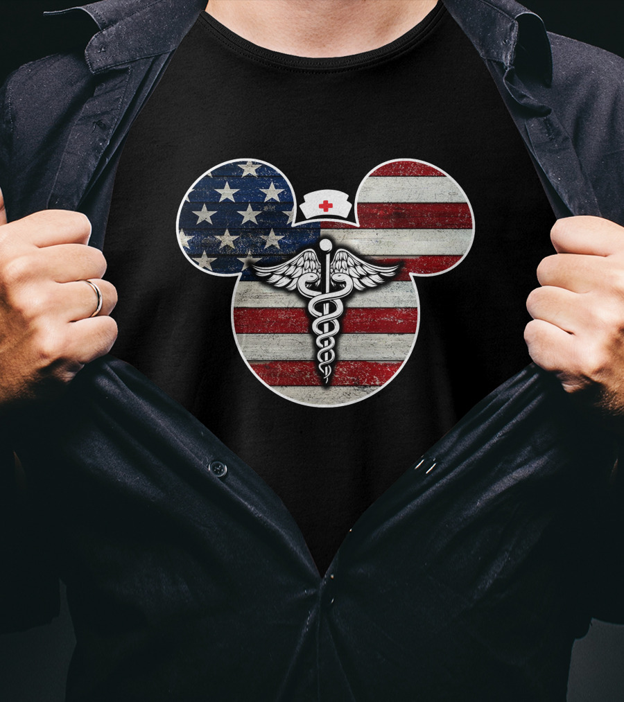 Patriotic Nurse Mickey With Caduceus And American Flag Elements T-Shirt