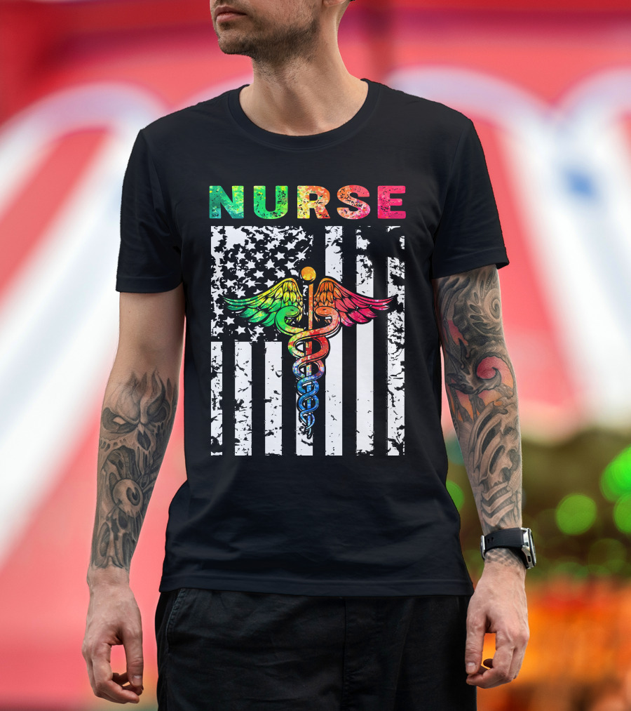 Nurse Usa Flag With Rainbow Caduceus Symbol T-Shirt