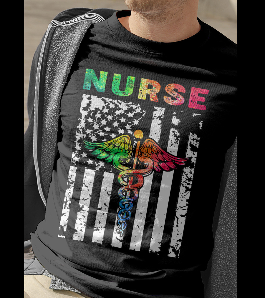 Nurse Usa Flag With Rainbow Caduceus Symbol T-Shirt