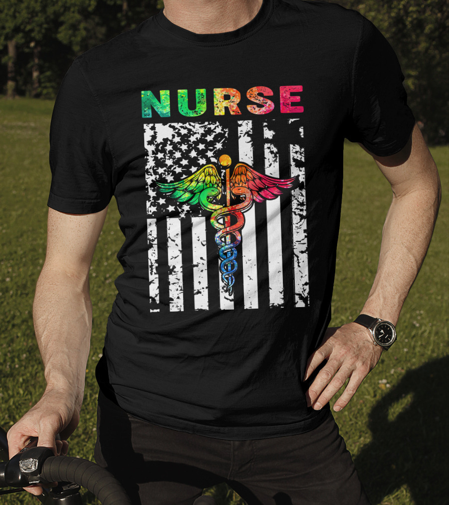 Nurse Usa Flag With Rainbow Caduceus Symbol T-Shirt