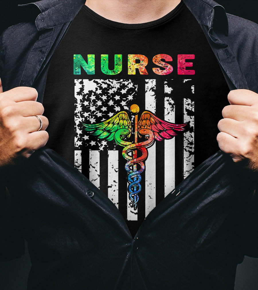 Nurse Usa Flag With Rainbow Caduceus Symbol T-Shirt