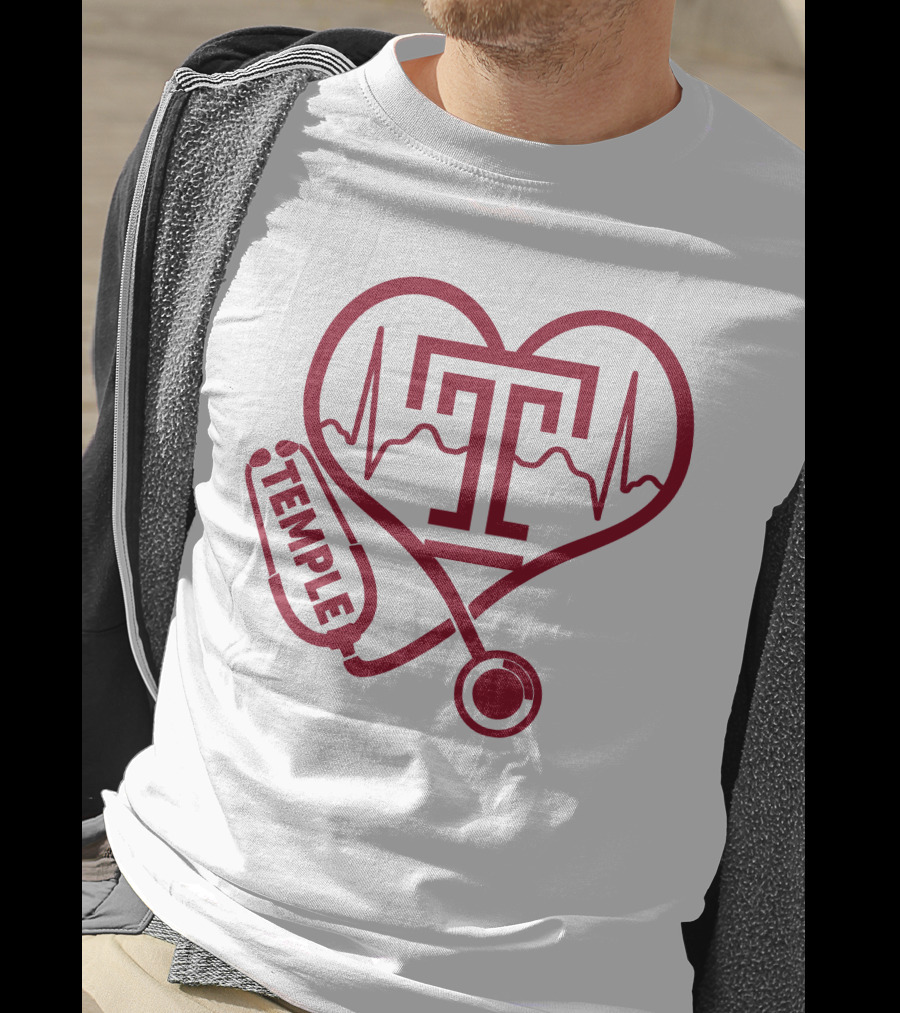 Nurse Love Temple Owls Football Stethoscope Heartbeat T-Shirt