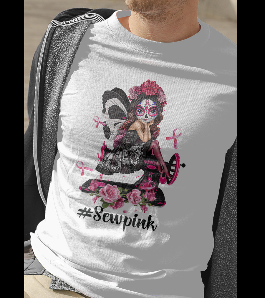 Sewpink Butterfly Sugar Skull Sewing Machine Ribbon Roses T-Shirt