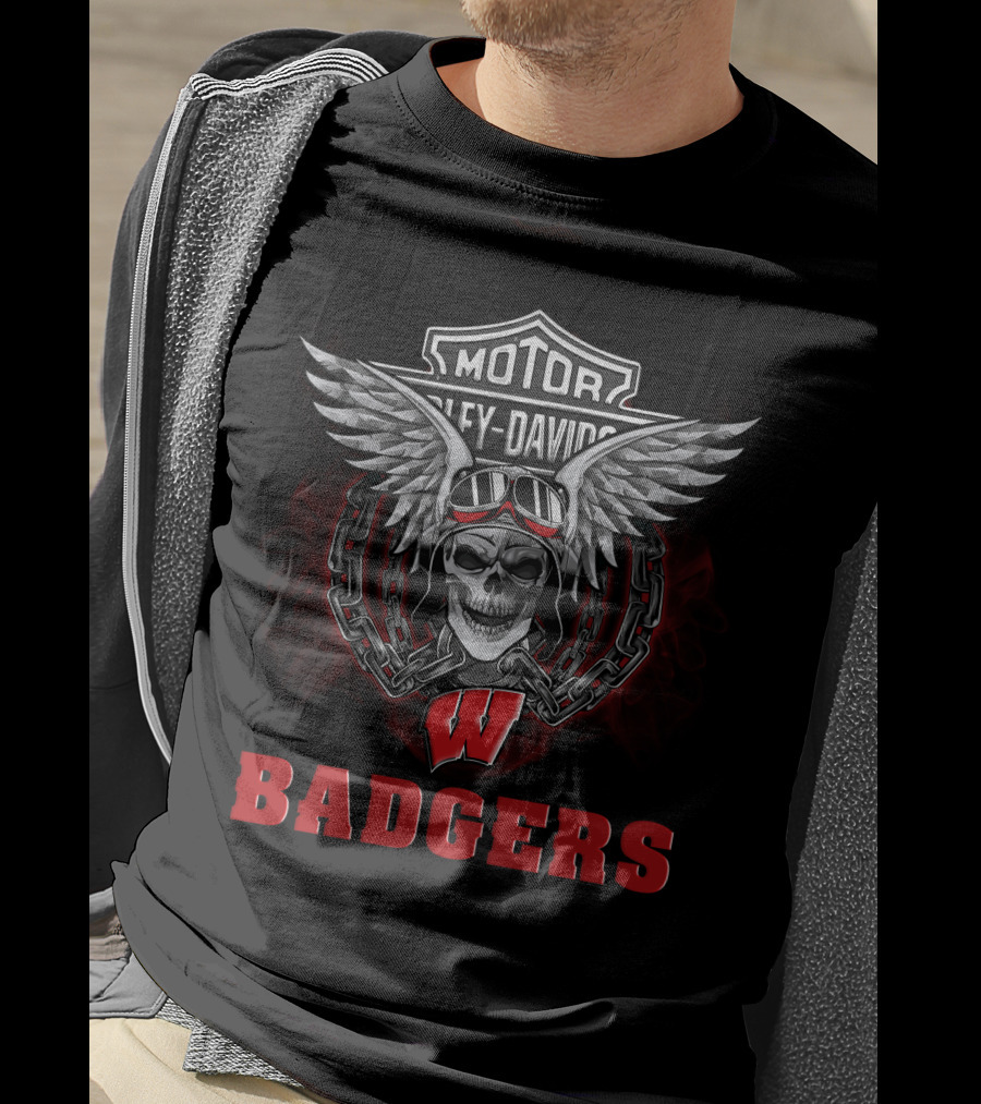 Harley Davidson Motor Skull Wing Wisconsin Badgers T-Shirt