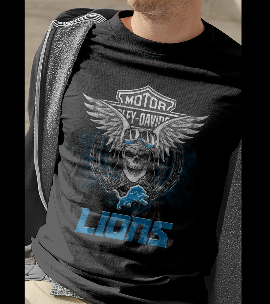 Harley Davidson Motor Detroit Lions Biker Skull Wings Nfl T-Shirt