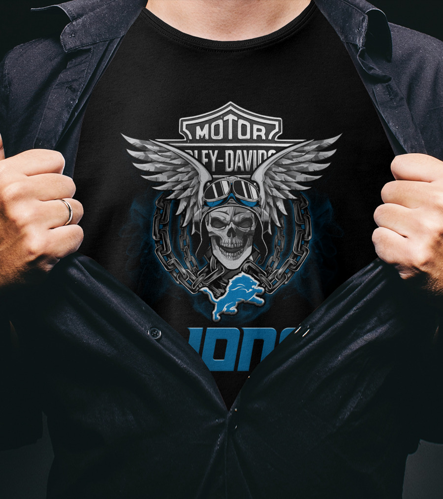 Harley Davidson Motor Detroit Lions Biker Skull Wings Nfl T-Shirt