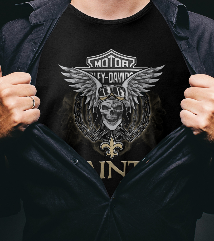 Harley Davidson Motorcycle Biker Helmet Skull With Wings And Chains Nfl New Orleans Saints Fleur-De-Lis Moto Saints T-Shirt
