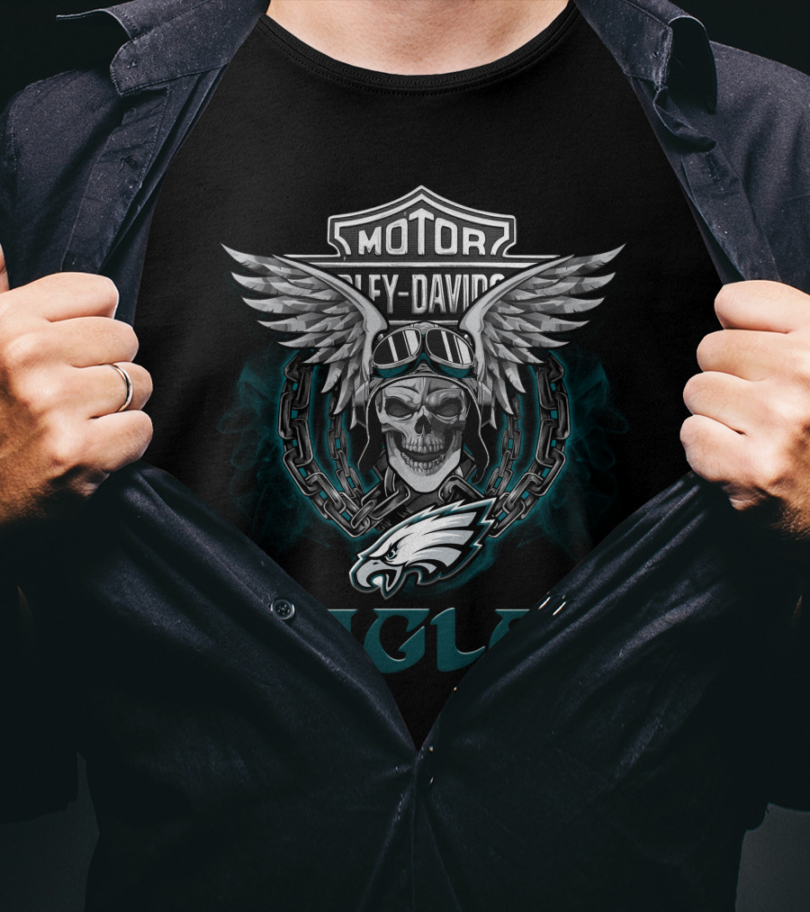 Harley Davidson Winged Skull Philadelphia Eagles Nfl Biker T-Shirt