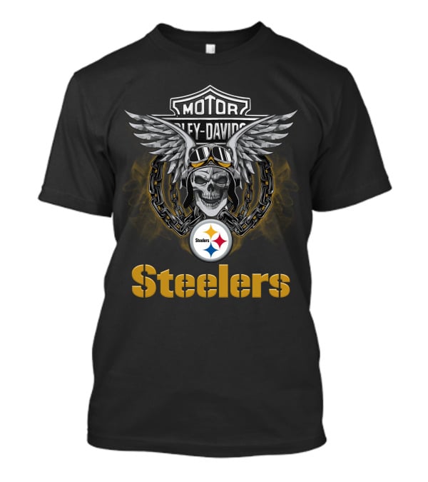 Harley Davidson Motorcycle Biker Skull Wings Steelers Nfl Pittsburgh Steelers T-Shirt