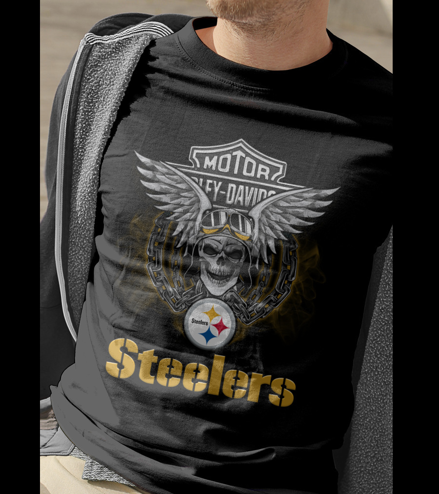 Harley Davidson Motorcycle Biker Skull Wings Steelers Nfl Pittsburgh Steelers T-Shirt
