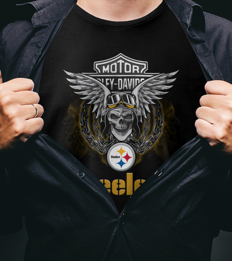 Harley Davidson Motorcycle Biker Skull Wings Steelers Nfl Pittsburgh Steelers T-Shirt