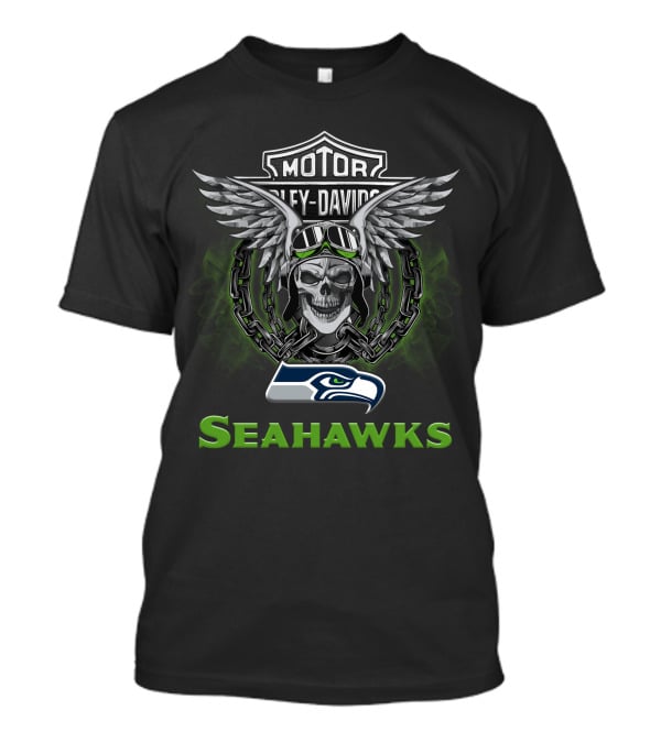 Harley Davidson Motorcycle Biker Seattle Seahawks Skull Wings Chains T-Shirt