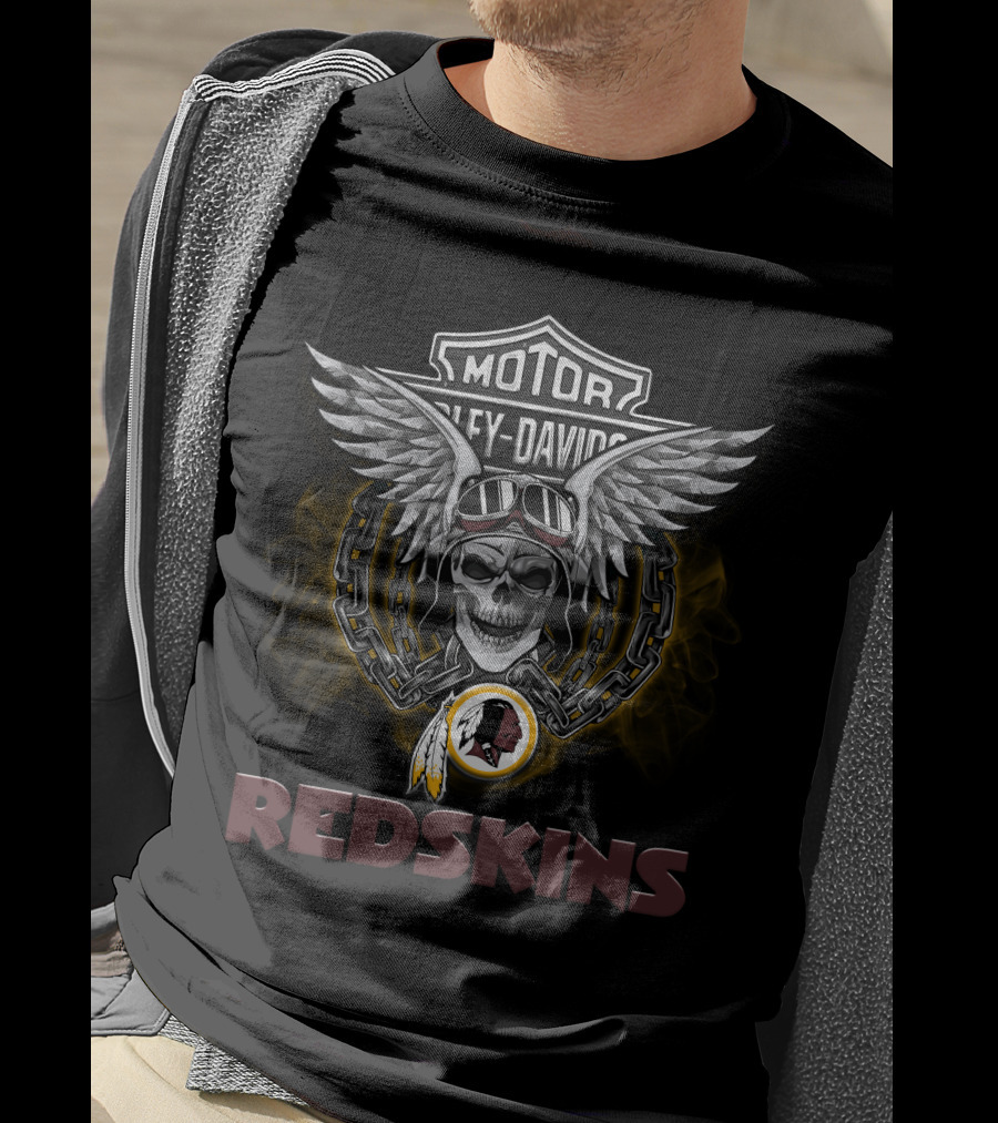 Harley Davidson Motorcycles Redskins Skull Wings Chains Helmet Logo Nfl Football Biker T-Shirt