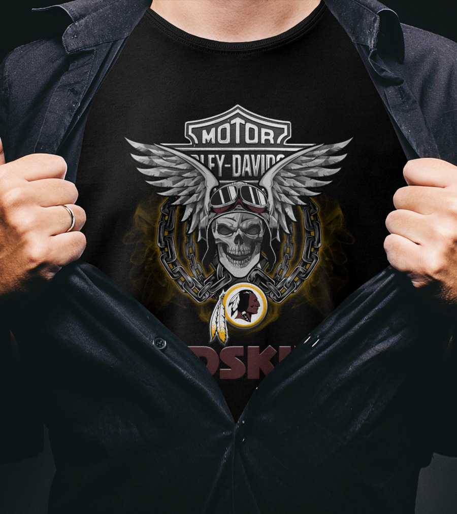 Harley Davidson Motorcycles Redskins Skull Wings Chains Helmet Logo Nfl Football Biker T-Shirt