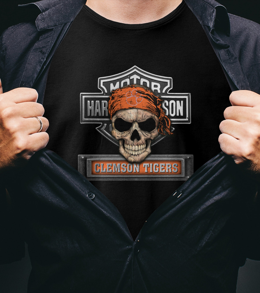 Harley Davidson Skull Bandana Clemson Tigers Motorcycle Biker Ncaa T-Shirt