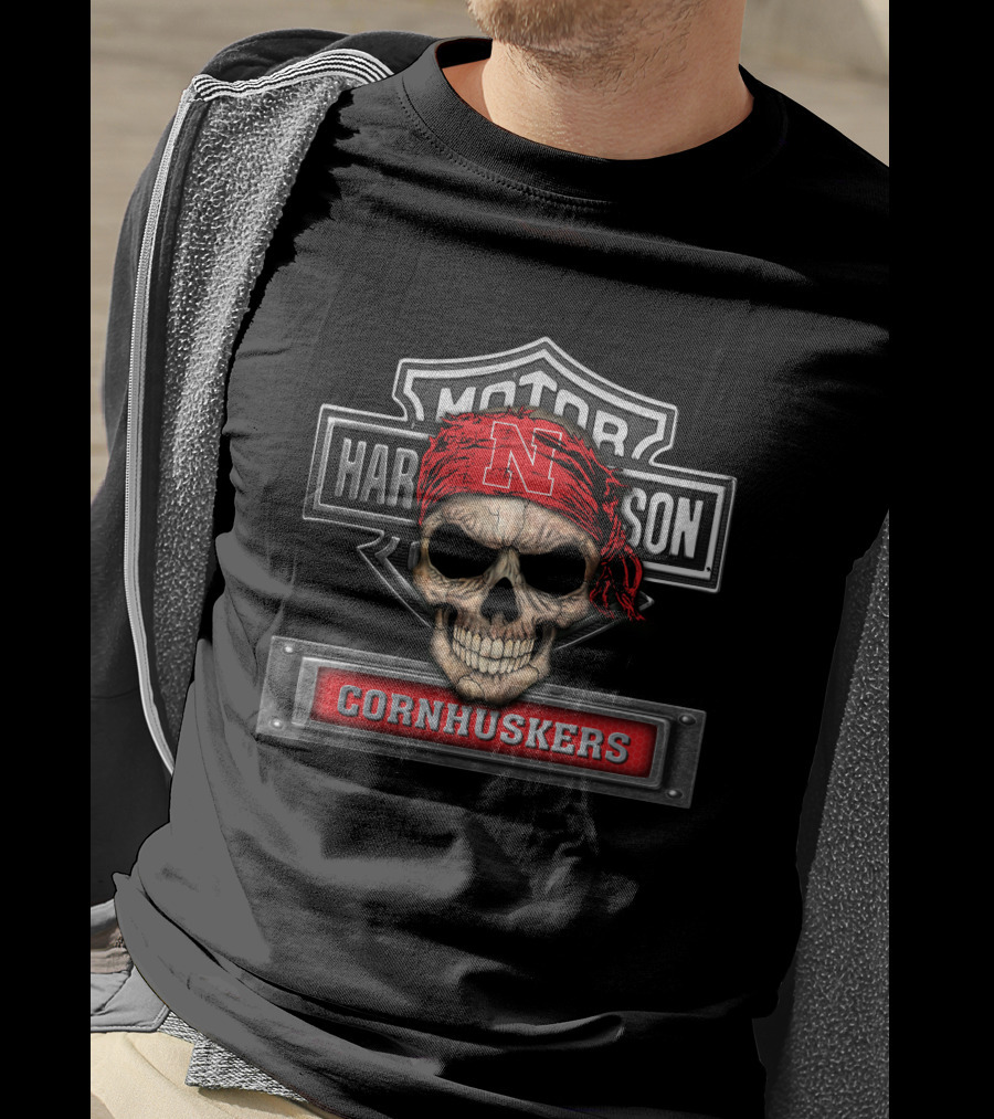 Harley Davidson Skull Ncaa Nebraska Cornhuskers Logo Motorcycle Biker T-Shirt