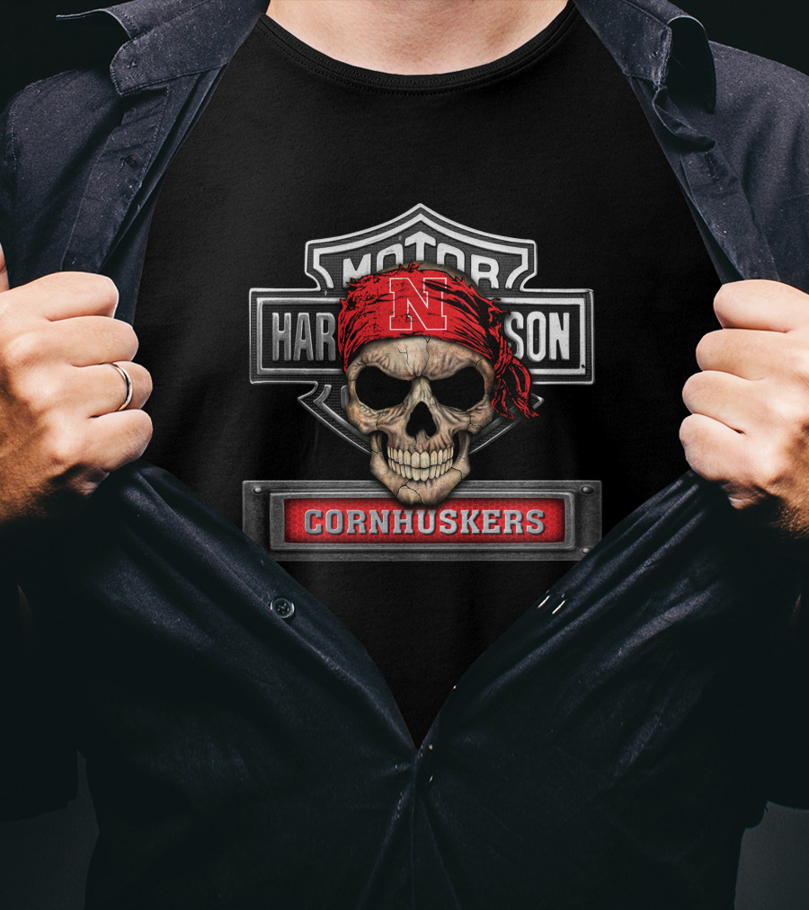 Harley Davidson Skull Ncaa Nebraska Cornhuskers Logo Motorcycle Biker T-Shirt