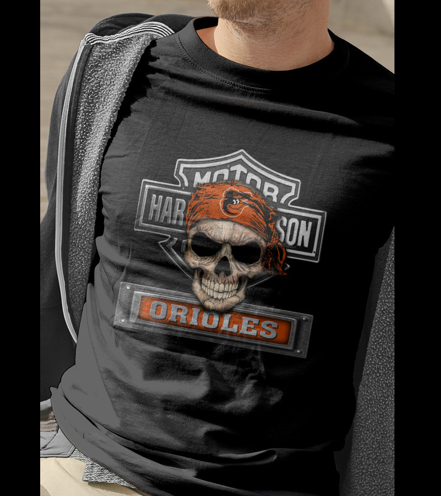 Harley Davidson Motorcycle Skull Bandana Orioles T-Shirt
