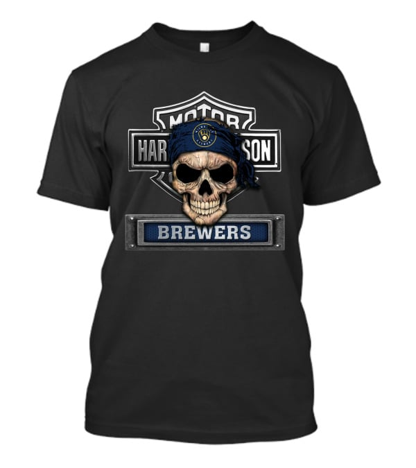 Harley Davidson Motorcycle Biker Brewers Skull Mlb Milwaukee Brewers T-Shirt