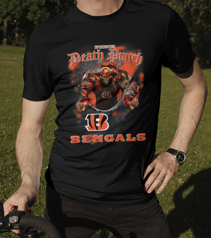 Five Finger Death Punch Nfl Cincinnati Bengals Biker Theme With Harley Davidson Elements T-Shirt