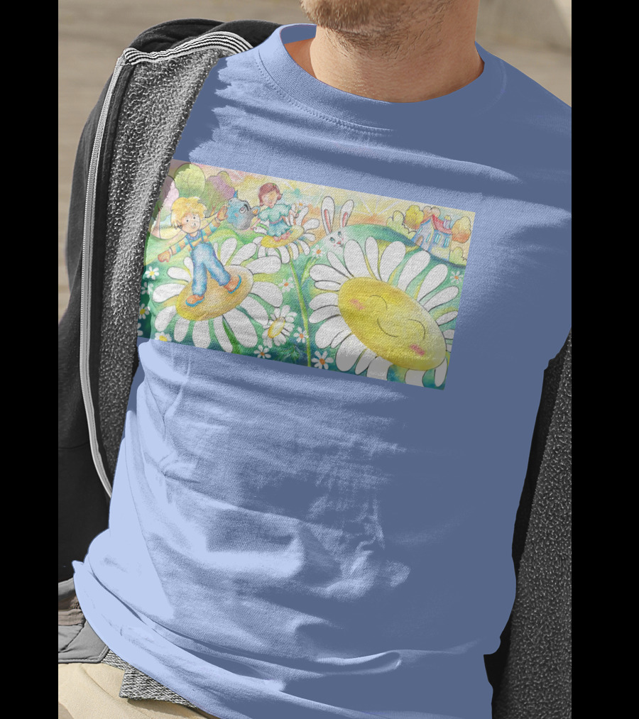 Lodo Happy Sunflower Meadows With Kids And Bunny In A Vibrant Landscape T-Shirt