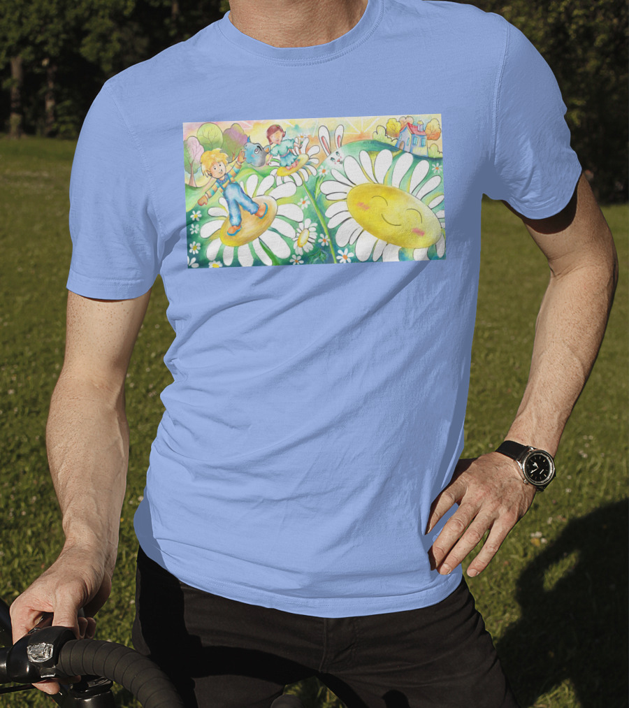 Lodo Happy Sunflower Meadows With Kids And Bunny In A Vibrant Landscape T-Shirt