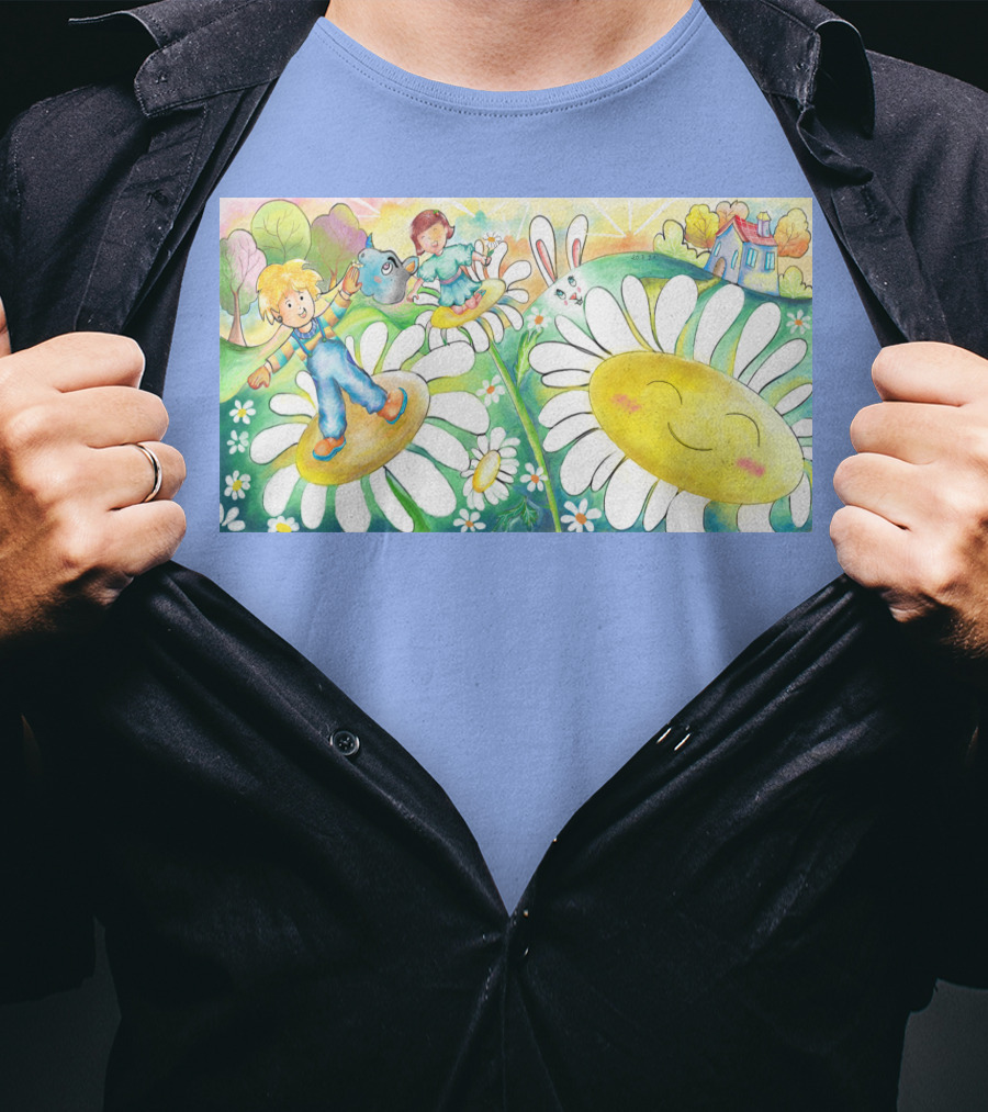 Lodo Happy Sunflower Meadows With Kids And Bunny In A Vibrant Landscape T-Shirt