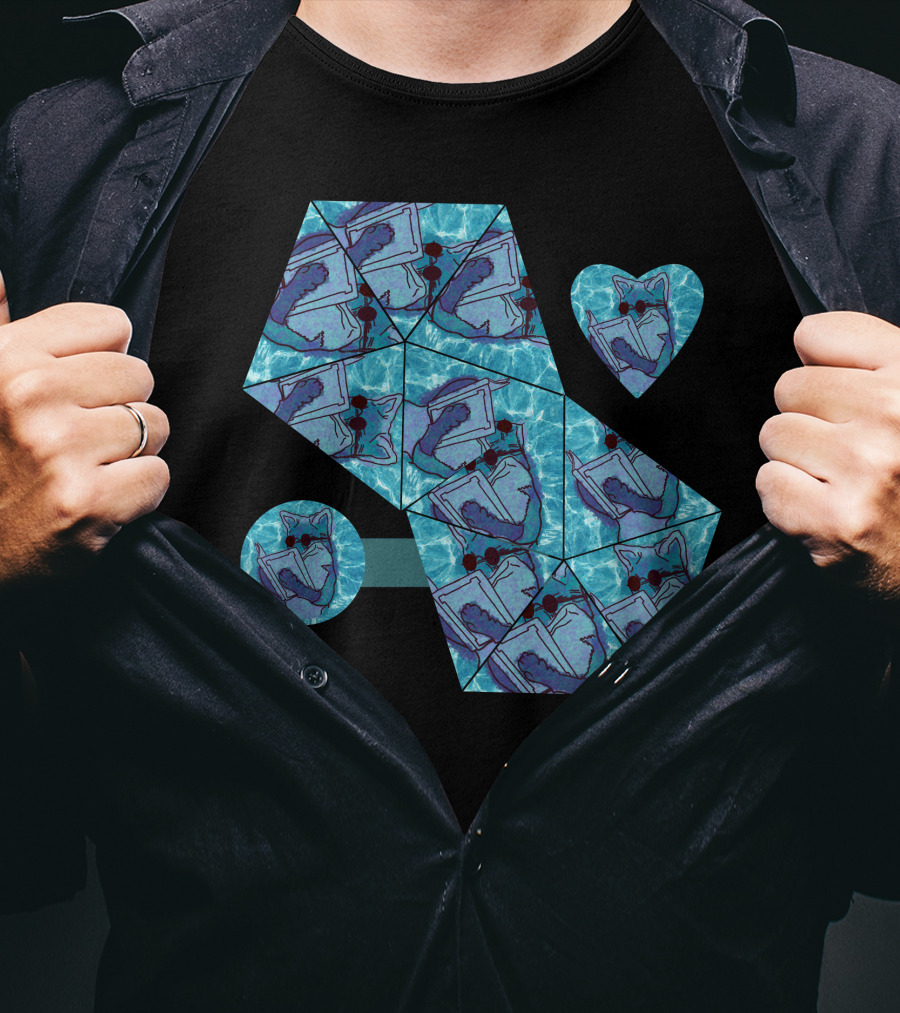 Cool Fox Reading In Blue Geometric T-Shirt