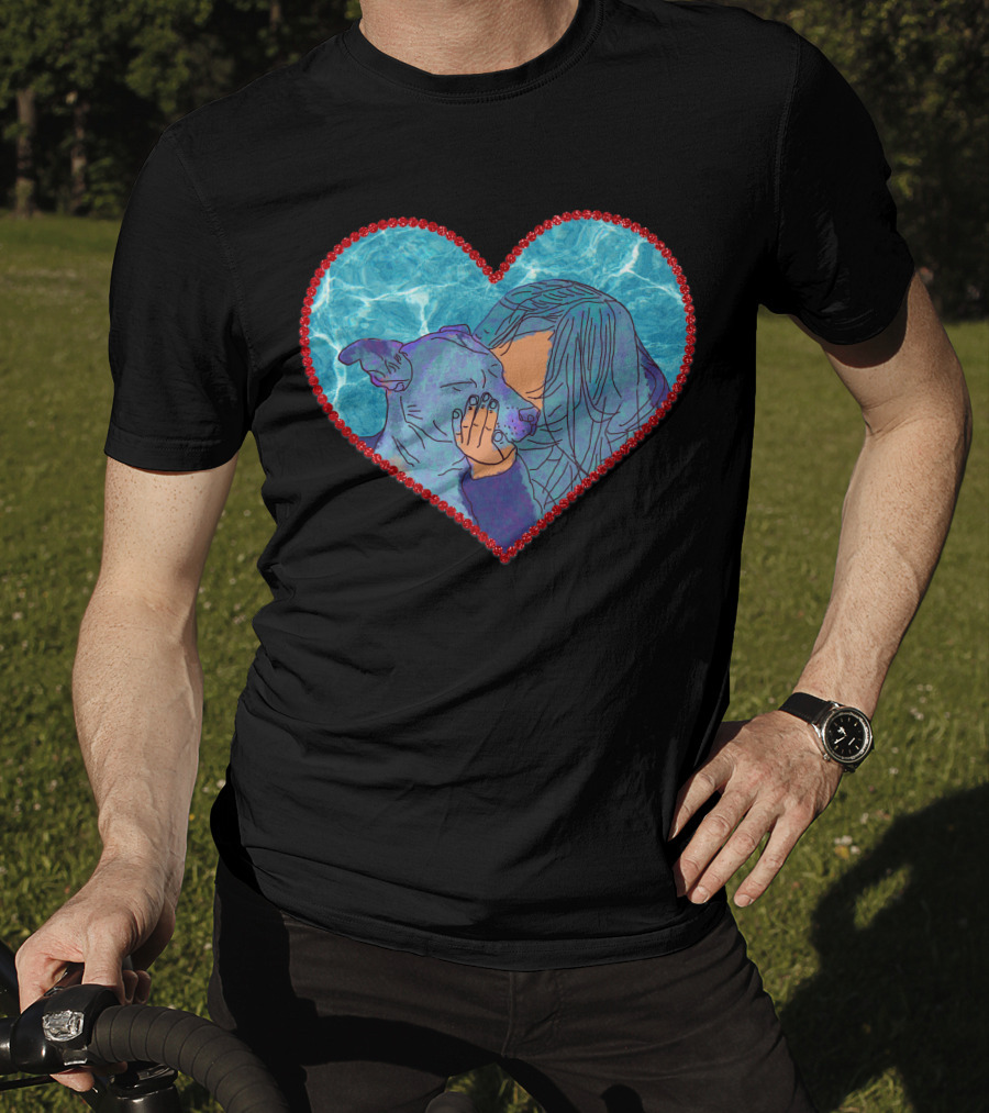 Adopt Don't Shop Heart Embrace Of Woman And Dog In Blue And Red Heart T-Shirt