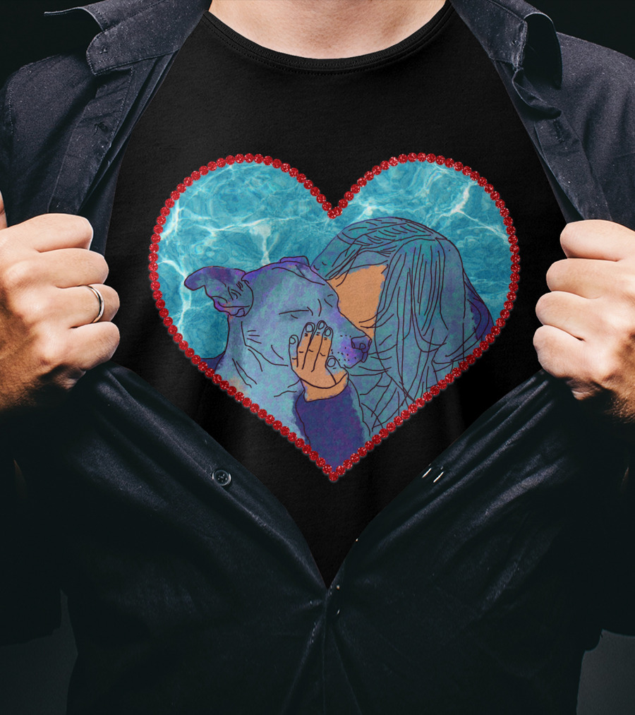 Adopt Don't Shop Heart Embrace Of Woman And Dog In Blue And Red Heart T-Shirt