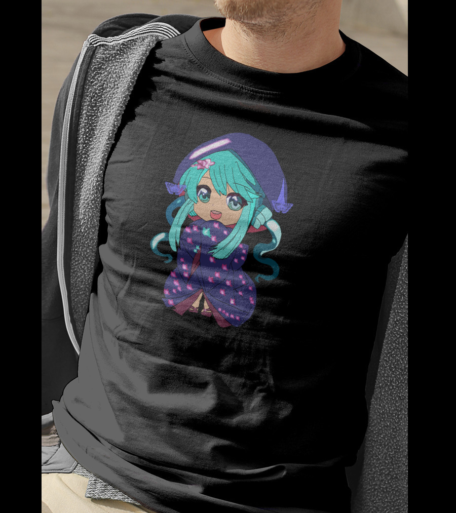 Chibi Girl Wrapped In Star-Patterned Blanket With Blue Hair And Pink Bow T-Shirt