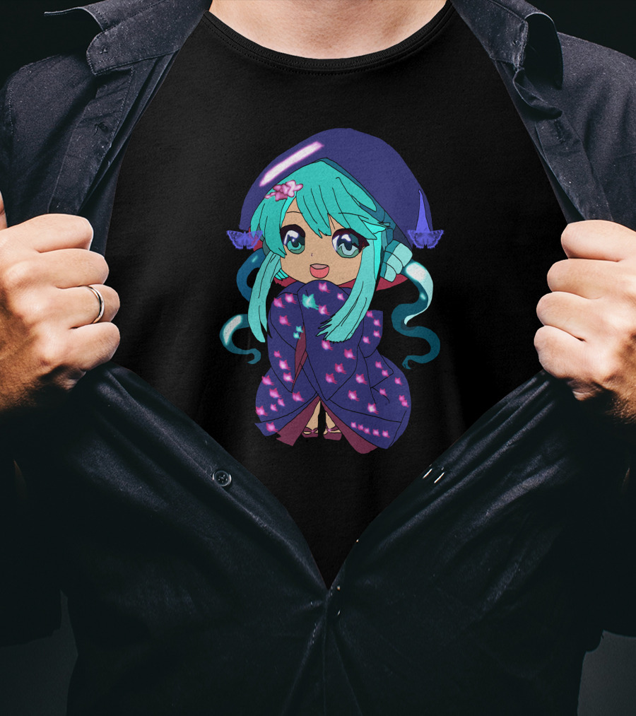 Chibi Girl Wrapped In Star-Patterned Blanket With Blue Hair And Pink Bow T-Shirt