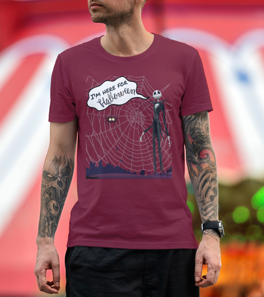 I'm Here for Halloween Tall Ghost with Spider and Web Background T-Shirt