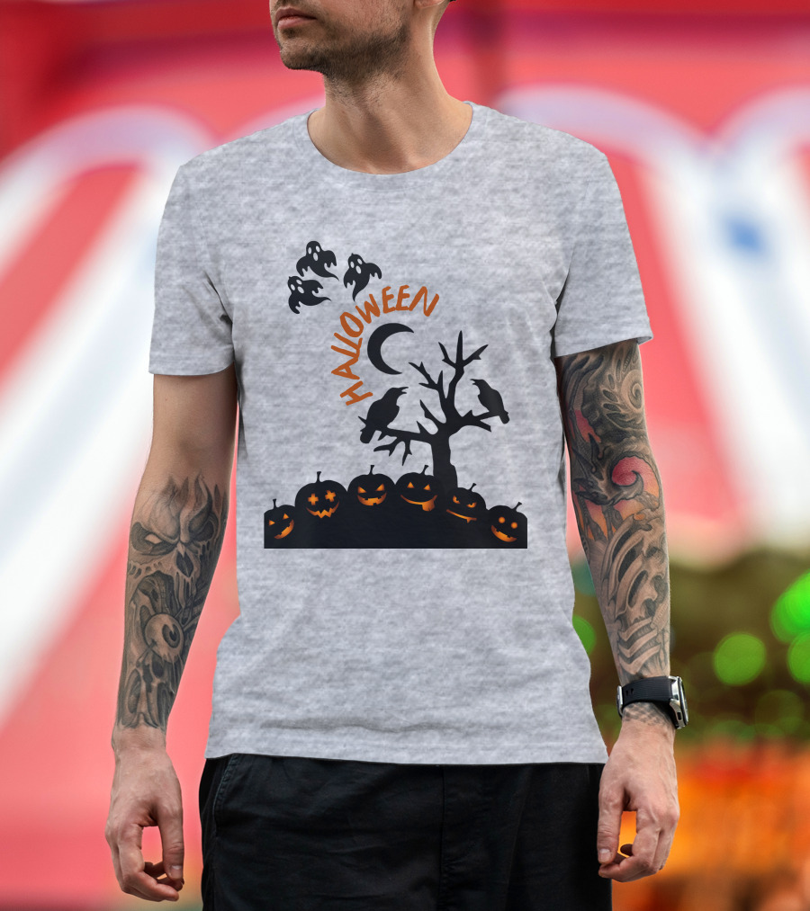 Halloween Pumpkin Ghost Moon Tree Ravens T-Shirt