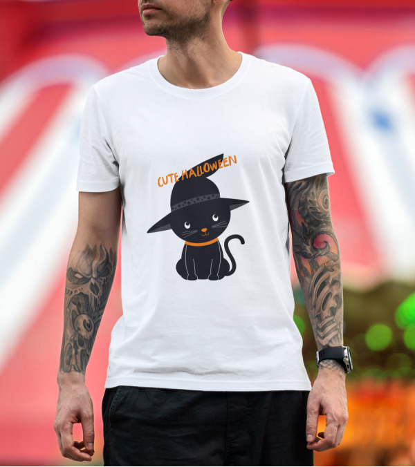 Premium T-Shirt: Cute Halloween Black Cat with Witch Hat T-Shirt Cute Halloween Black Cat with Witch Hat T-Shirt