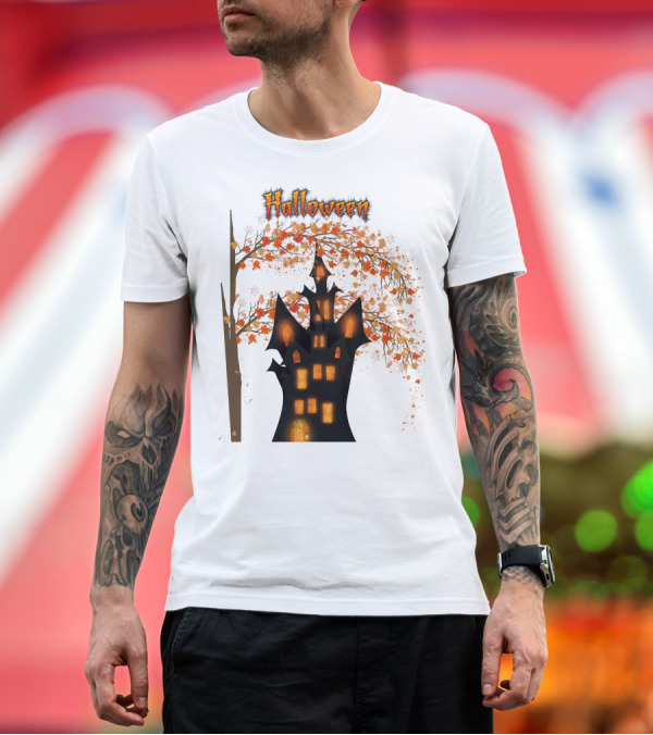 Premium T-Shirt: Halloween Haunted Tree House with Autumn Leaves T-Shirt Halloween Haunted Tree House with Autumn Leaves T-Shirt