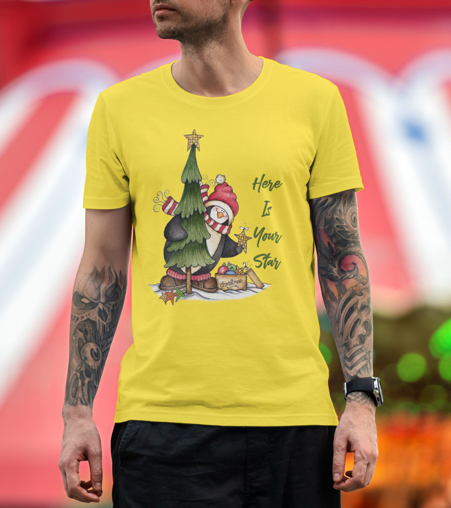 Here Is Your Christmas Star Penguin with Tree and Ornaments T-Shirt