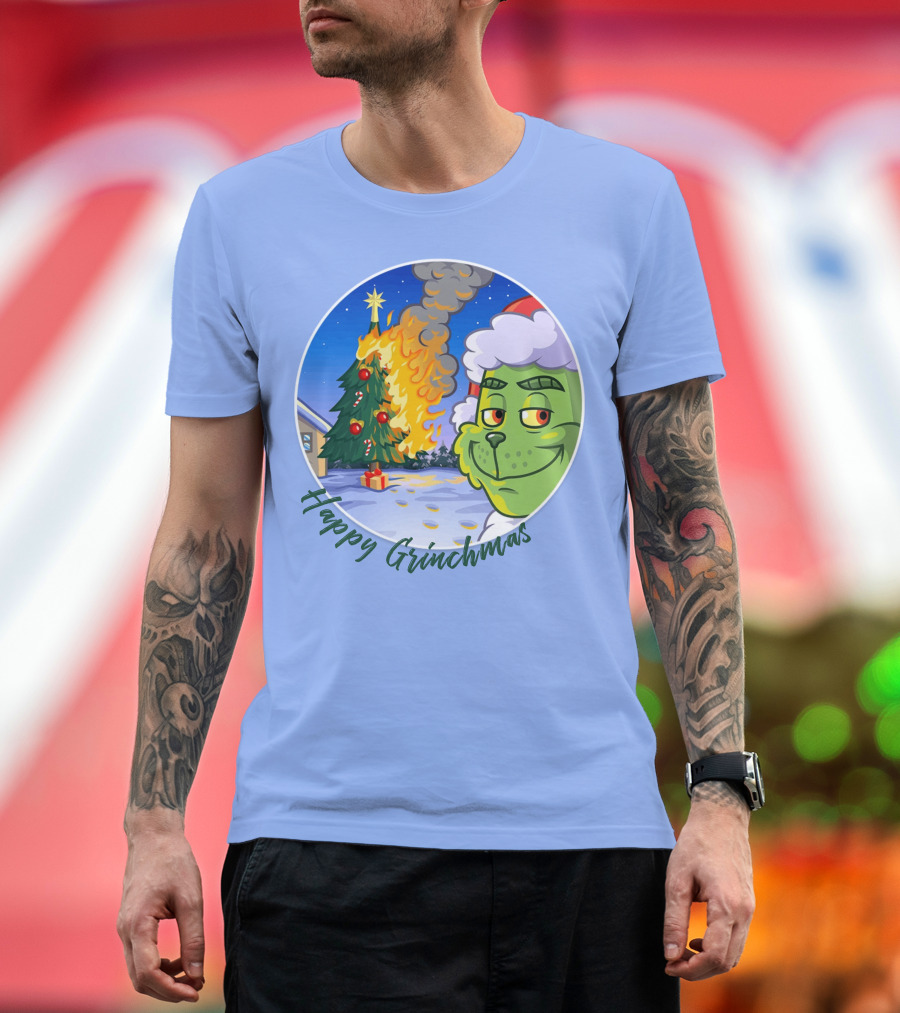 Happy Grinchmas the Grinch on Fire Christmas Tree Scene T-Shirt