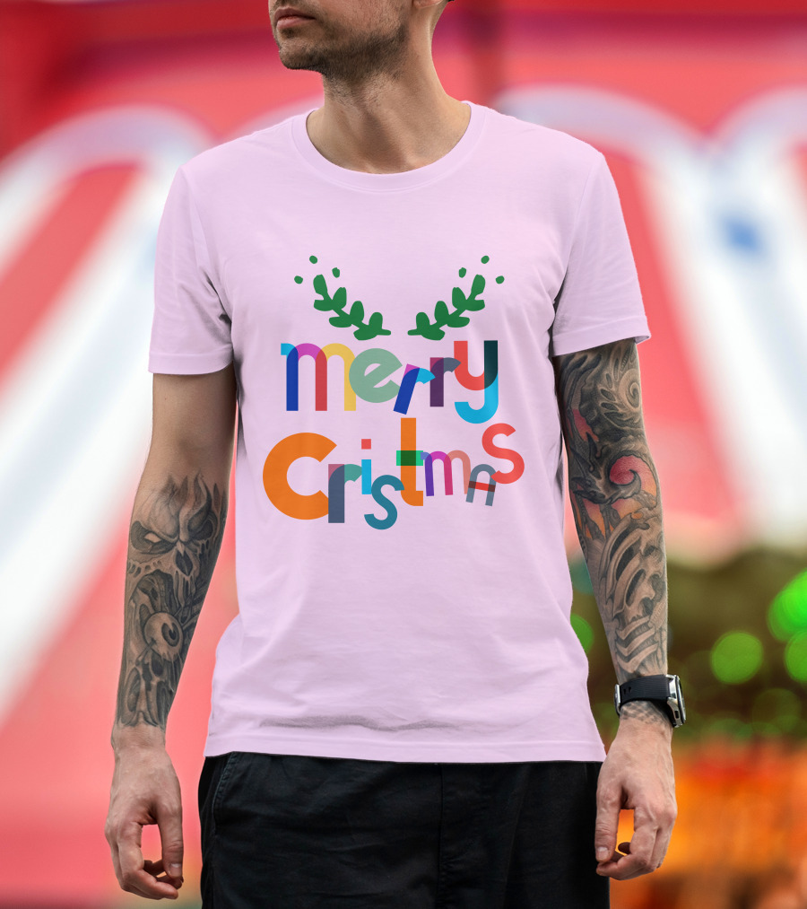 Merry Christmas Colorful Letters with Green Antlers Holiday T-Shirt